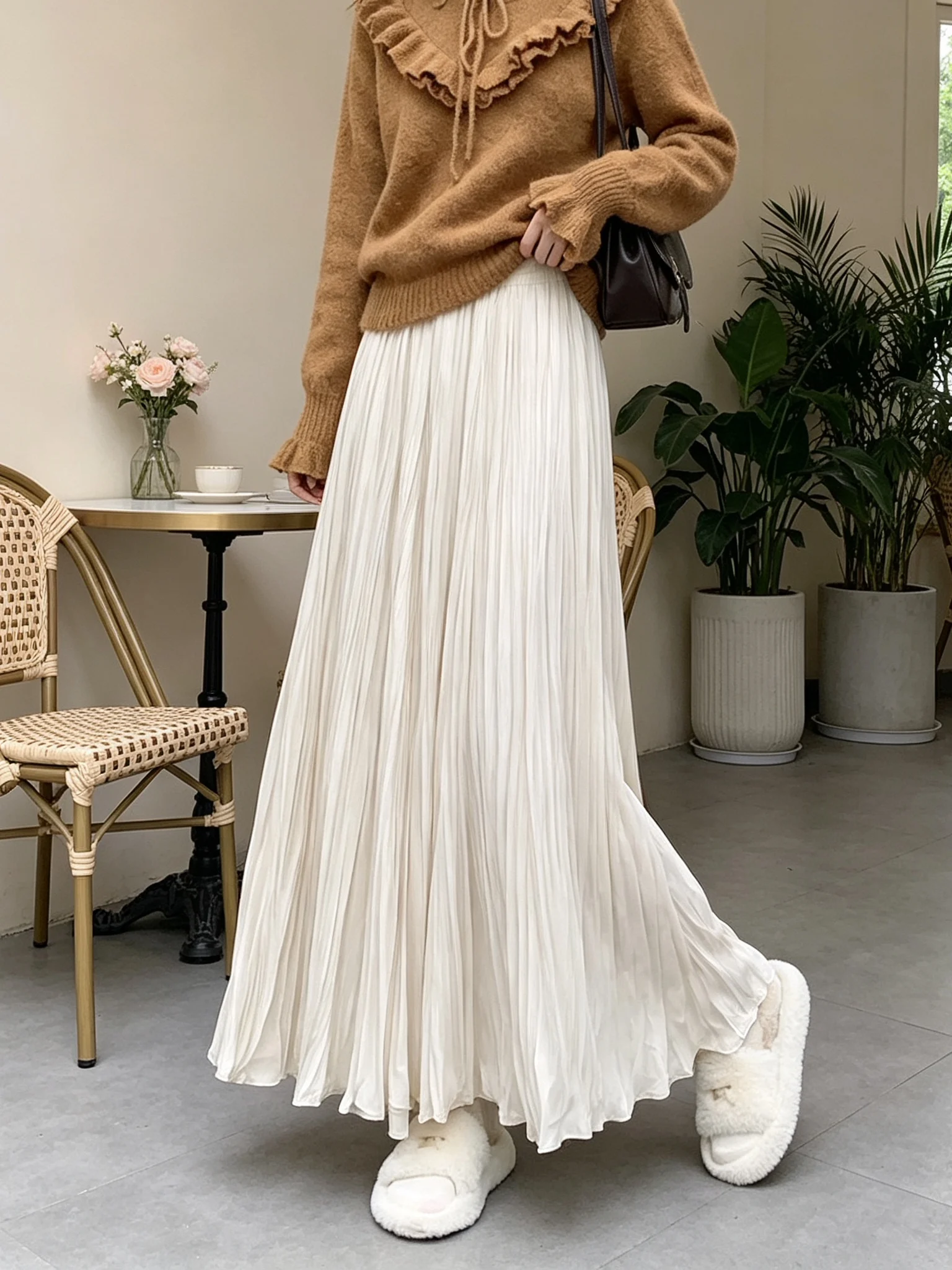 Elegant Suede Pleated Skirt Women's Autumn 2026 New Elastic Waist Versatile Pressed Pleat Skirt Commute Style Polyester Fiber
