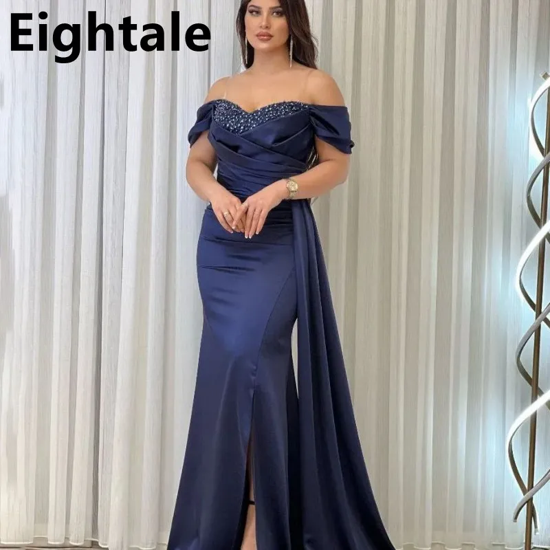 Customized Navy Blue Mermaid Evening Dress Pearls Beads Sweetheart Neck Off Shoulder Slit Party Gown Fitted Arabic Prom Dress