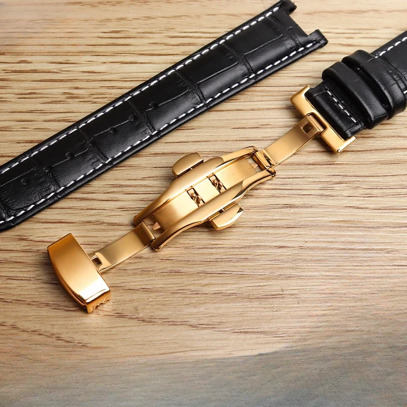 Pulseira de relógio de couro genuíno, fivela borboleta dourada, pulseiras de relógio côncavas, ajustável para Gucci Guess Ya136 Ya133309, 20mm, 22mm