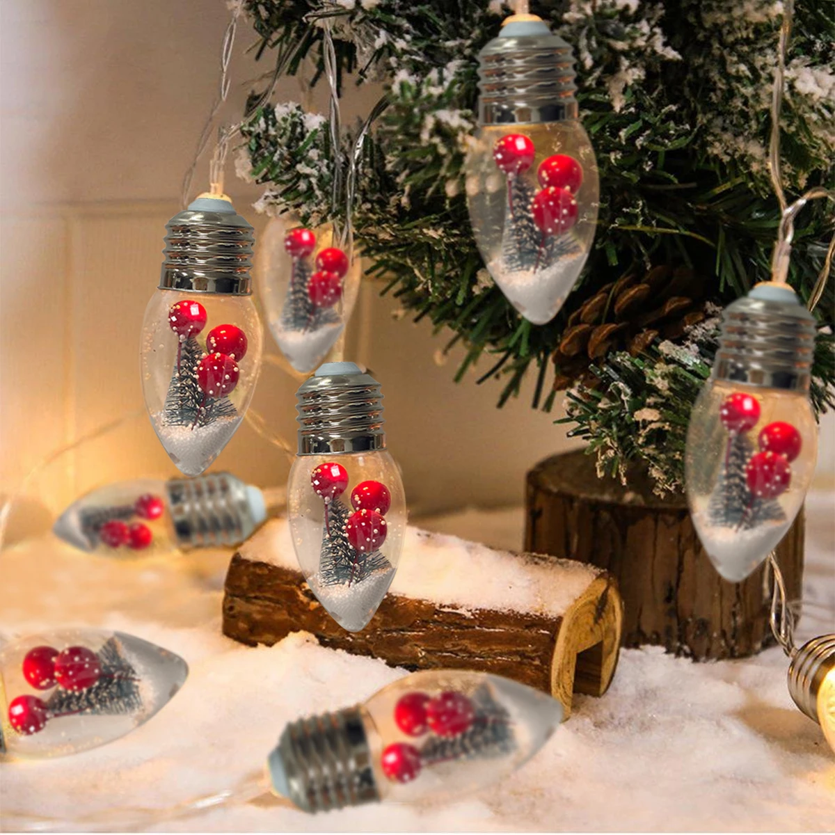 1pc LED Christmas Snowball Bulb String Light With Xmas Tree And Red Berries Holiday Fairy Lights Battery Powered For Home Decor