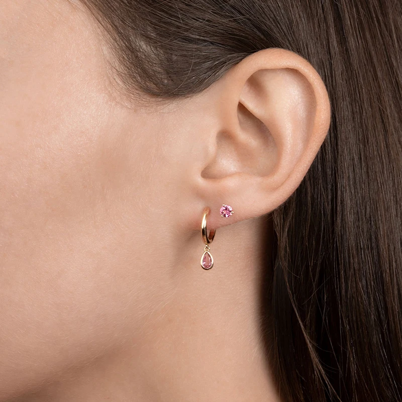 925 Sterling Silver Needle Pink Crystal Heart Hoop Earrings for Women Fashion Geometric Pendant Earrings Luxury Jewelry Gifts