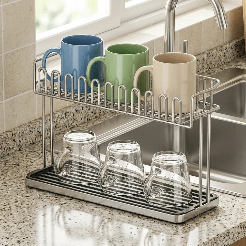 Stainless Steel Double-layer Water Cup Rack Anti-Fall Saving Space Cup Storage Rack with Drain Tray Large Capacity