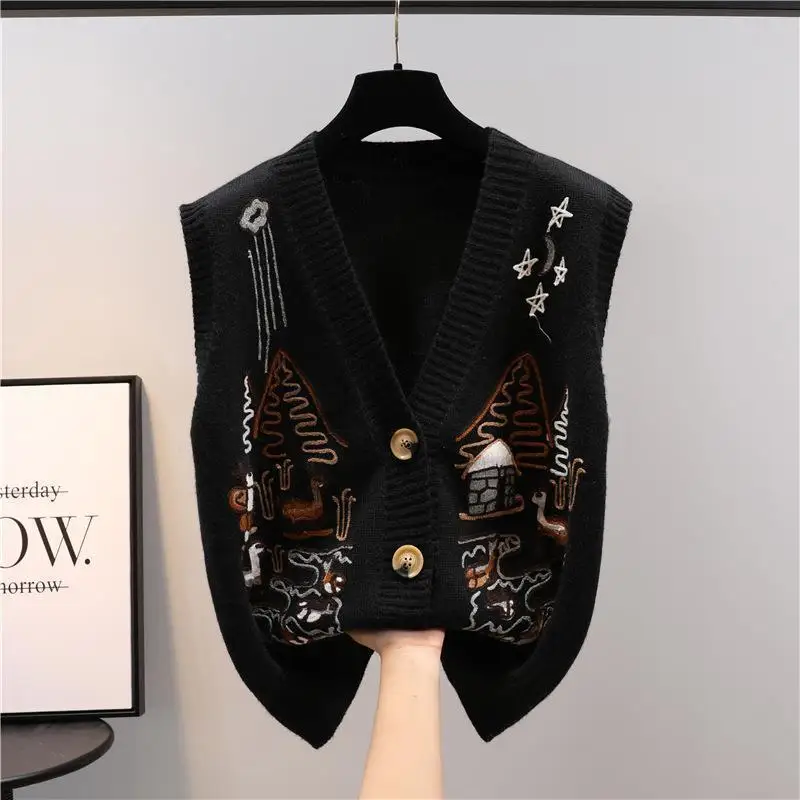 New Women Vintage Embroidery Outewear Button Cardigan Harajuku Y2K Knitted Sweater Vest Trendy V Neck Sleeveless Loose Waistcoat