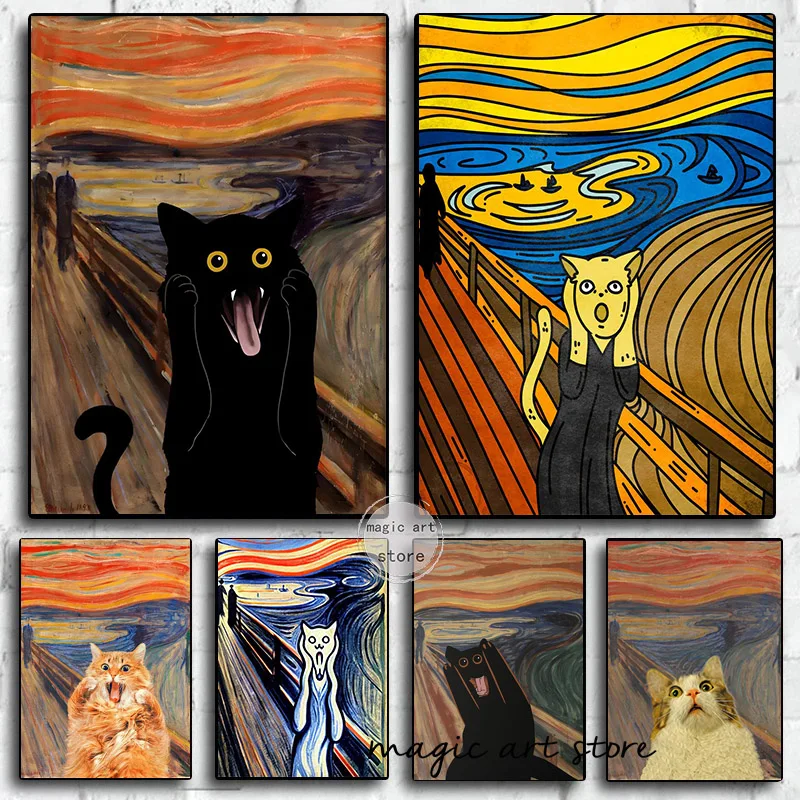 Vintage Funny The Scream Cat Edvard Munch Cat Black Cat Art Posters Canvas Painting Wall Prints Pictures Room Home Decor Cuadros