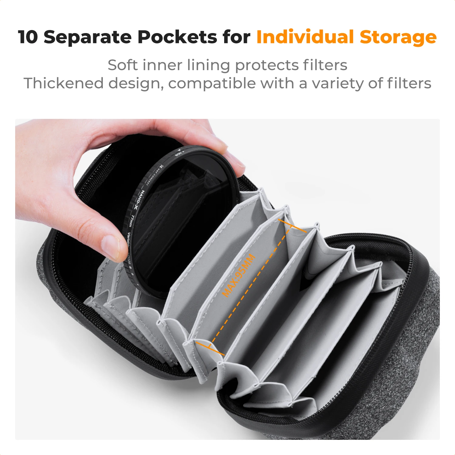 K&F Concept Filter Pouch Case 10 Pockets for 10 Pcs 37mm-95mm Filters EVA Anti-pressure Anti-shock Filter Bag