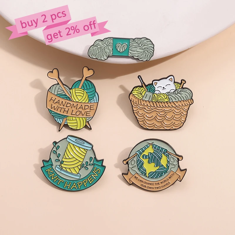 Warm Ball of Yarn Enamel Pins Custom HANDMADE WITH LOVE Brooches Lapel Badges Funny Jewelry Gift for Friends