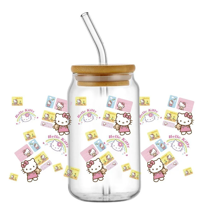 Miniso Hello Kitty Patterns For Libbey 16oz Can Glass 3D Waterproof UV DTF Coffee Can Wrap Libbey Glass Wrap