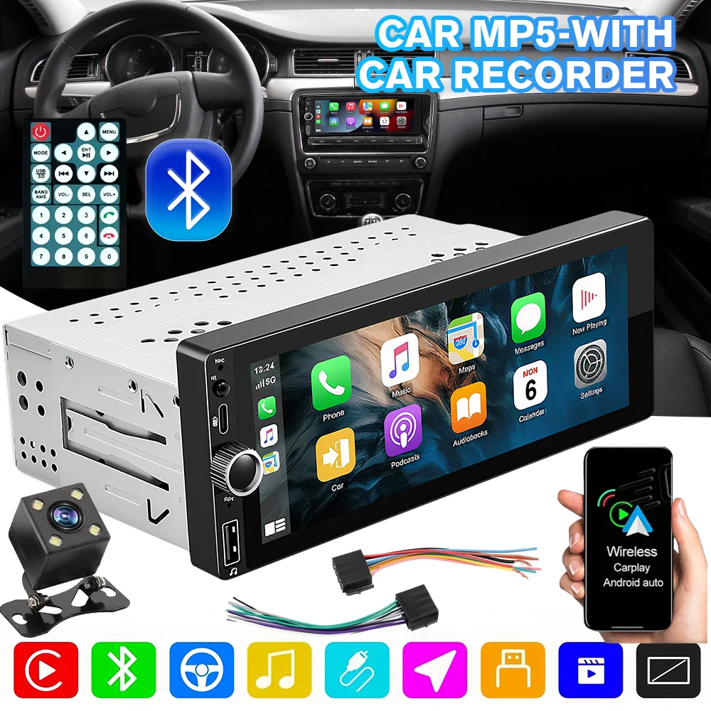 

6,86-дюймовый сенсорный IPS-экран, автомобильный MP5-плеер, беспроводной Carplay, Android Auto, Bluetooth 5.0, FM-радио, USB, AUX, с 4-светодиодной камерой заднего вида