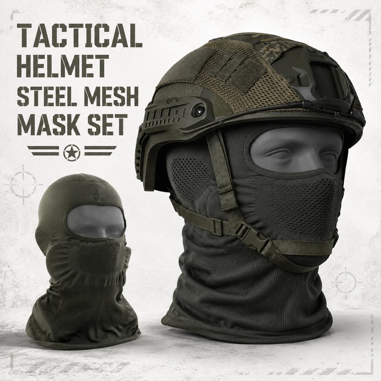 Tactical Helmet Set Airsoft Full Face Mask Steel Mesh Protection Combat Military Paintball Shooting Protective Gear Accessories