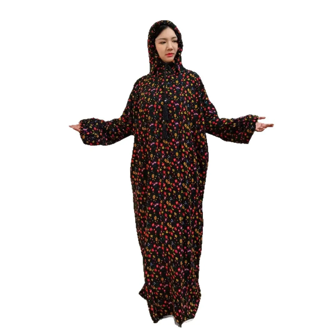

Good Quality Floral Printed Prayer Dresses Abaya Muslim Middle East Islamic Women's Robes Wholesale Abaya With Headscarf