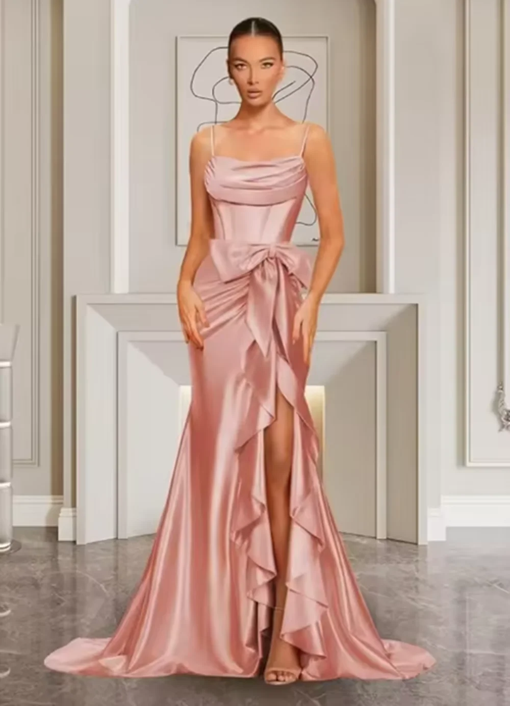 

Spaghetti Straps Satin Prom Dresses for Women Mermaid Evening Gown Split off Shoulder Cocktail Dress with Bow Guest Dress