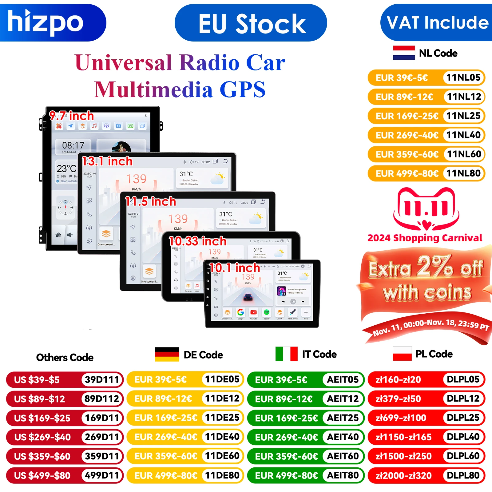 EU Stock Carplay Auto GPS Navi 4G WiFi Double 2Din 10.1