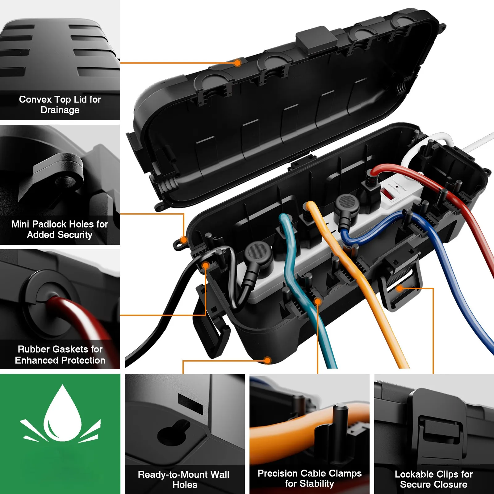 Scatola elettrica da esterno, copertura impermeabile per cavo di prolunga con 6 porte di ingresso via cavo, scatola di collegamento resistente alle intemperie per ciabatta, spina