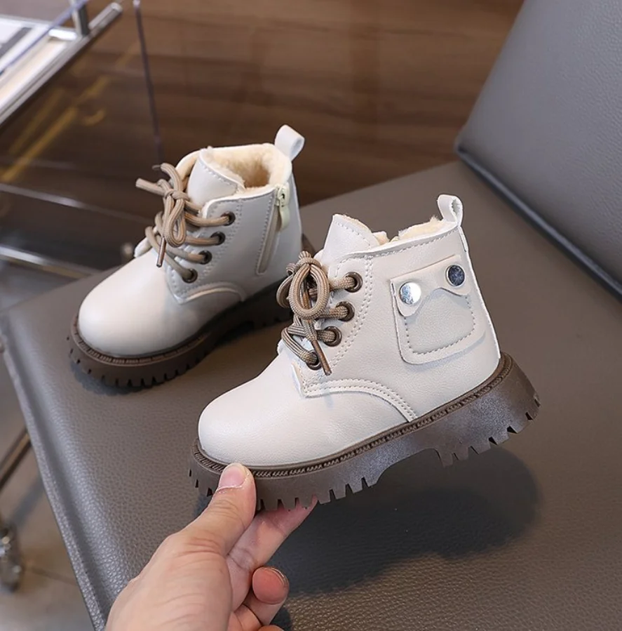 Fashion Kids Leather Pocket Chelsea Boots Waterproof Children Sneakers Beige Toddler Snow Boots Girl Winter Shoe Boy SHOES ﻿