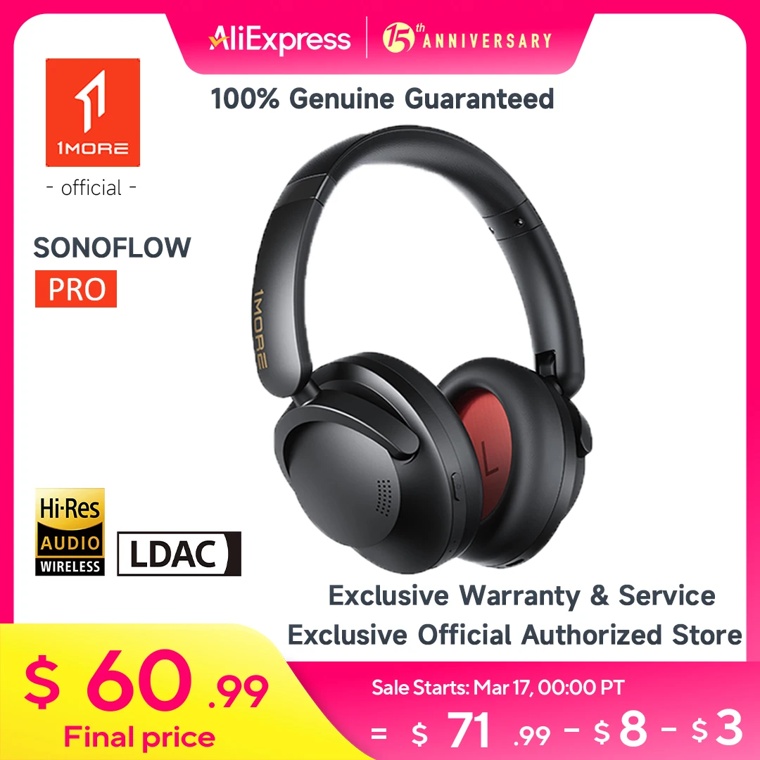 1MORE SonoFlow Pro Wireless Headphone 100H Playtime Quick Charge Bluetooth Active Noise Cancelling  Hi-Res Audio Clear Call