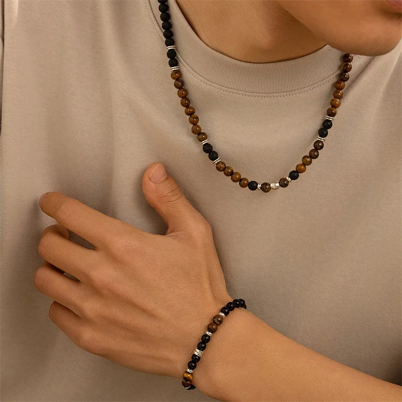 New Black Brown Beads Pendant Necklace for Men Trendy Accessories on the Neck Collar 2024 Fashion Jewelry Male Gift Decoration