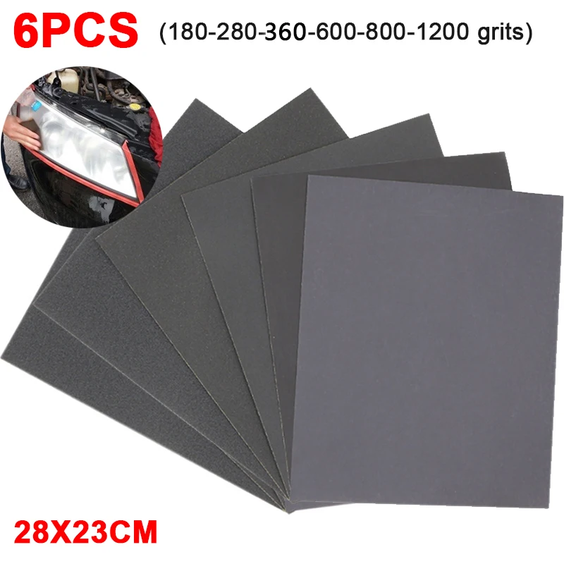 6Pcs 6Sizes Wet Dry Dual Use Sandpaper Sand Paper Set for Car Headlight Lens Polishing Renovation Accessories Abrasive Paper