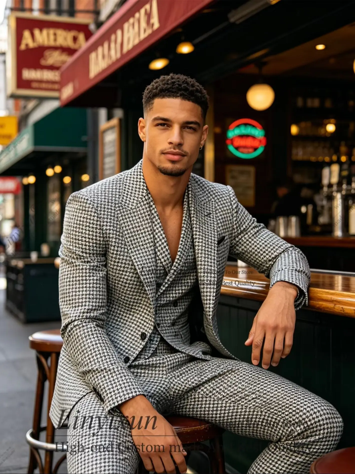 Handsome Premium Middle Houndstooth Mens Suits Customized Tailored Mens Designer Clothes Mens Blazer Pattern ropa hombre