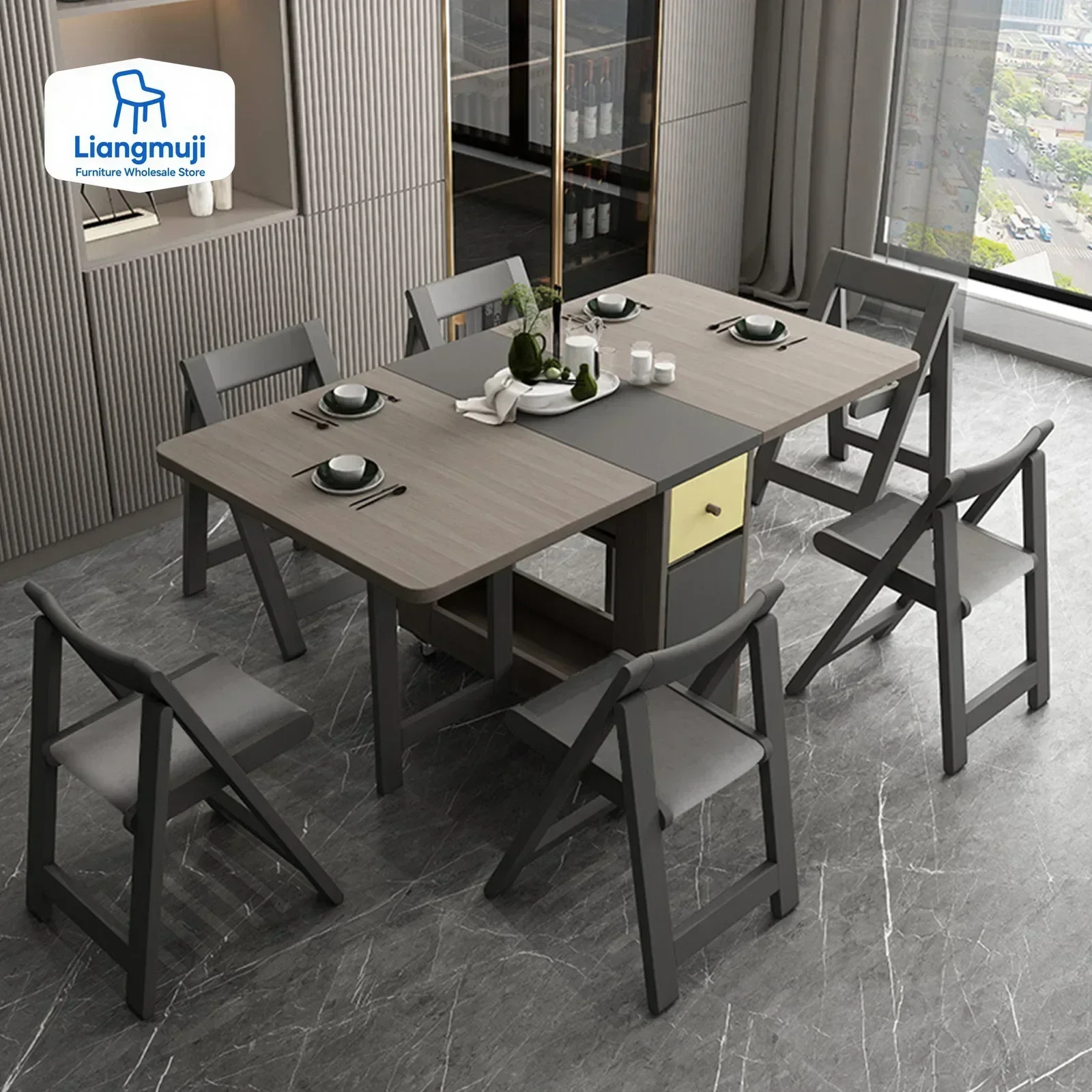 

Folding Dining Table with Storage Rack and Two Storage Drawers, Movable Kitchen Table Extendable Versatile Table Space Saving
