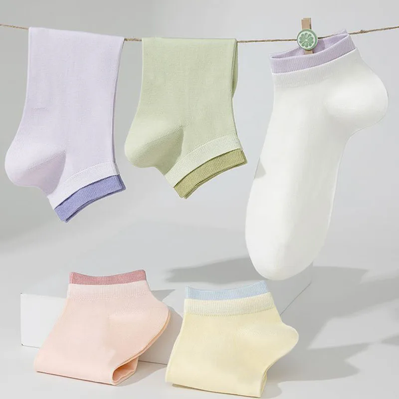 

5 пар белых женских коротких носков, летние тонкие хлопковые спортивные носки, контрастные носки-лодочки с цветными блоками, впитывающие пот, дышащие