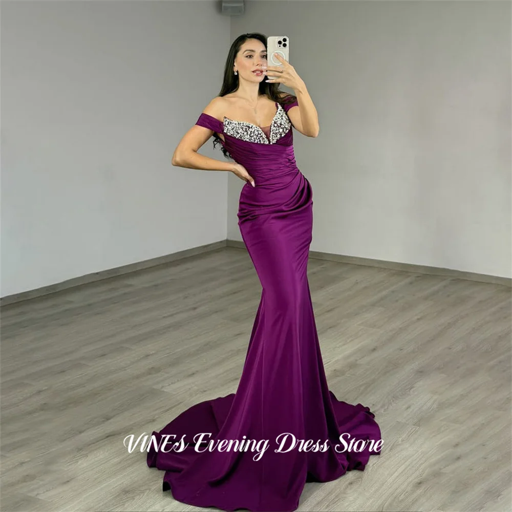 

VINES Purple Evening Dresses Off Shoulder Gala Dresses Crystal Prom Dresses Floor Length Fitted Satin Party Dress Customized