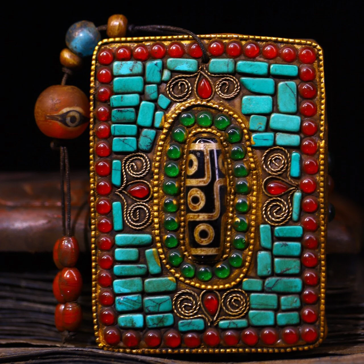 Nepal Handmade Black Iron Manjushri Pendant Gem Agate Dzi Bead Tibetan Buddhist Amulet Necklace