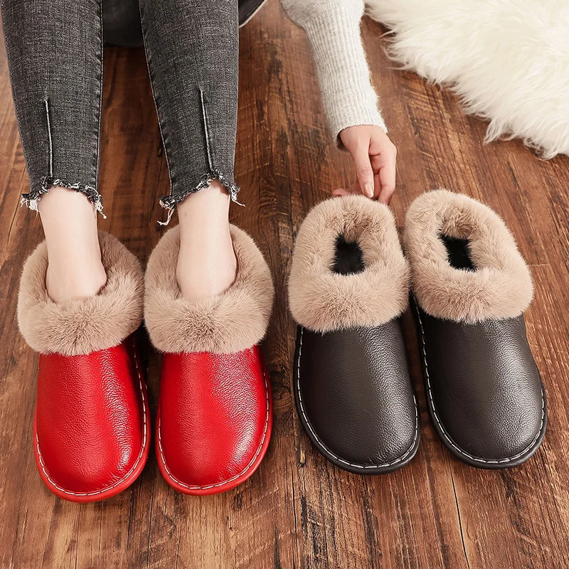 

Winter Couples Stay At Home Warm Cotton Shoes Waterproof and Anti Slip Plush Slippers Indoor Solid Color Comfortable Flat Shoes