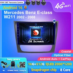 Android 16 Carplay Auto 2K Screen Car Radio Multimedia Player For Mercedes Benz E-class W211 2002 - 2008  2din Autoradio Stereo