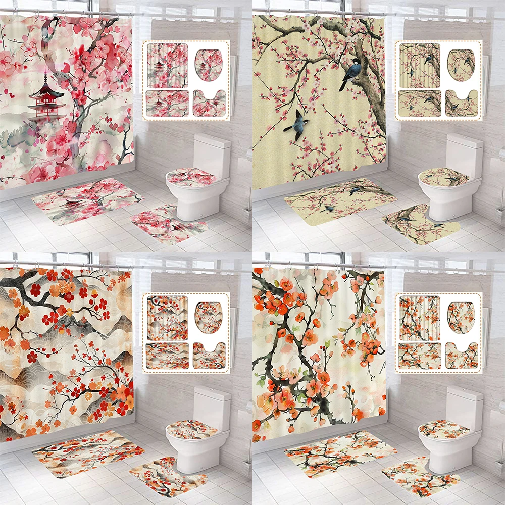 

Cherry Blossoms Flowers Print Fabric Shower Curtain Bathroom Curtain Set Anti-slip Rugs Toilet Lid Cover Bath Mat Bathroom Decor