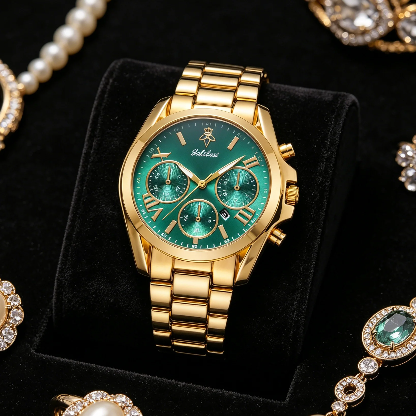 YaLaLuSi Unisex Chronograph Watch Gold Link Bracelet Emerald Green Sunburst Dial Multi Sub-Dials Date Window Roman Numeral Business Quartz Wristwatch Men Women Luxury Dress Gift