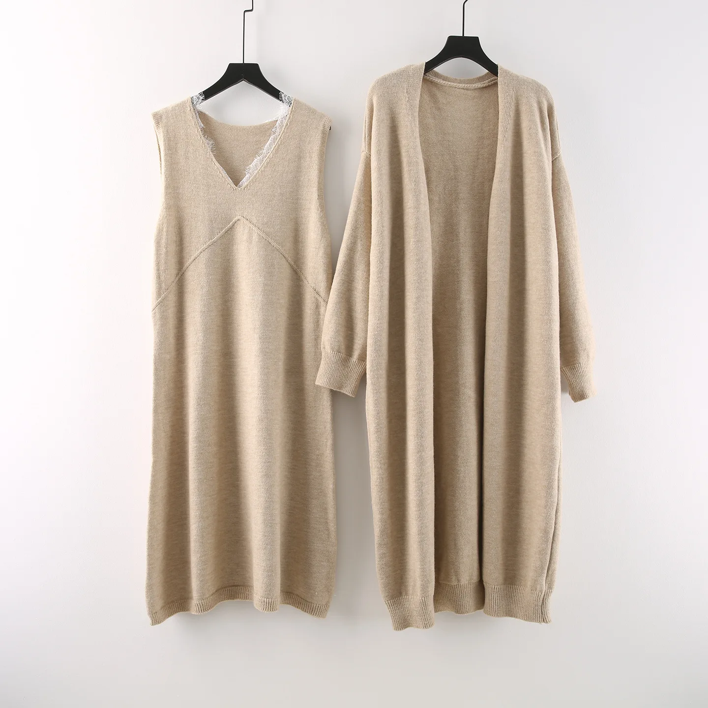 ZAMOR Plus Size Long Knit Cardigan and V-Neck Camisole Dress Set Women's Elegant Two-Piece Suit Winter