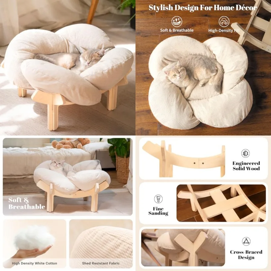 

Elevated Cat Bed Wooden with Cushion Fluffy Pet Couch Sofa for Indoor Cats Raised Kitty Lounge Chair Suitable for Puppy, Cat Fu