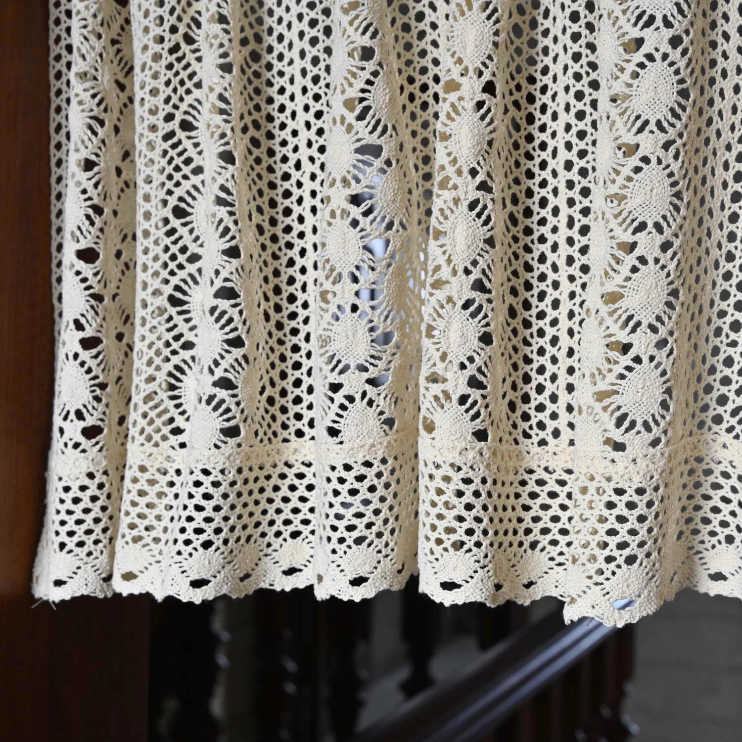 1pc Boho Chic Handmade Crochet Lace Mesh Door Curtain, Beige Rod Pocket Voile Drapes for Kitchen,Cabinet,Small Window Decor
