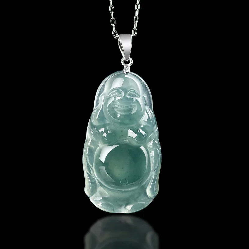 Jiale/925 Silver Inlaid Natural Jade Blue Water Standing Laughing Buddha Necklace Pendant Jewelry Accessories Fashion Women Gift