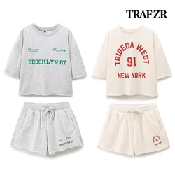 TRAF ZR High Street Women Plush Short Sets 2 Piece Sets Outfits O-NECK Short Sleeve Tops + Mid Rise Elastic Waistband Shorts