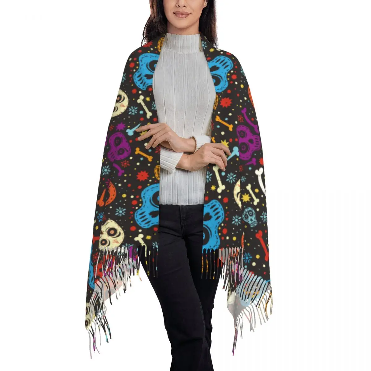 Day Of The Dead Colorful Mexican Skull Shawl Wraps Womens Winter Warm Large Long Scarf Flower dead day creepy Tassel Scarves