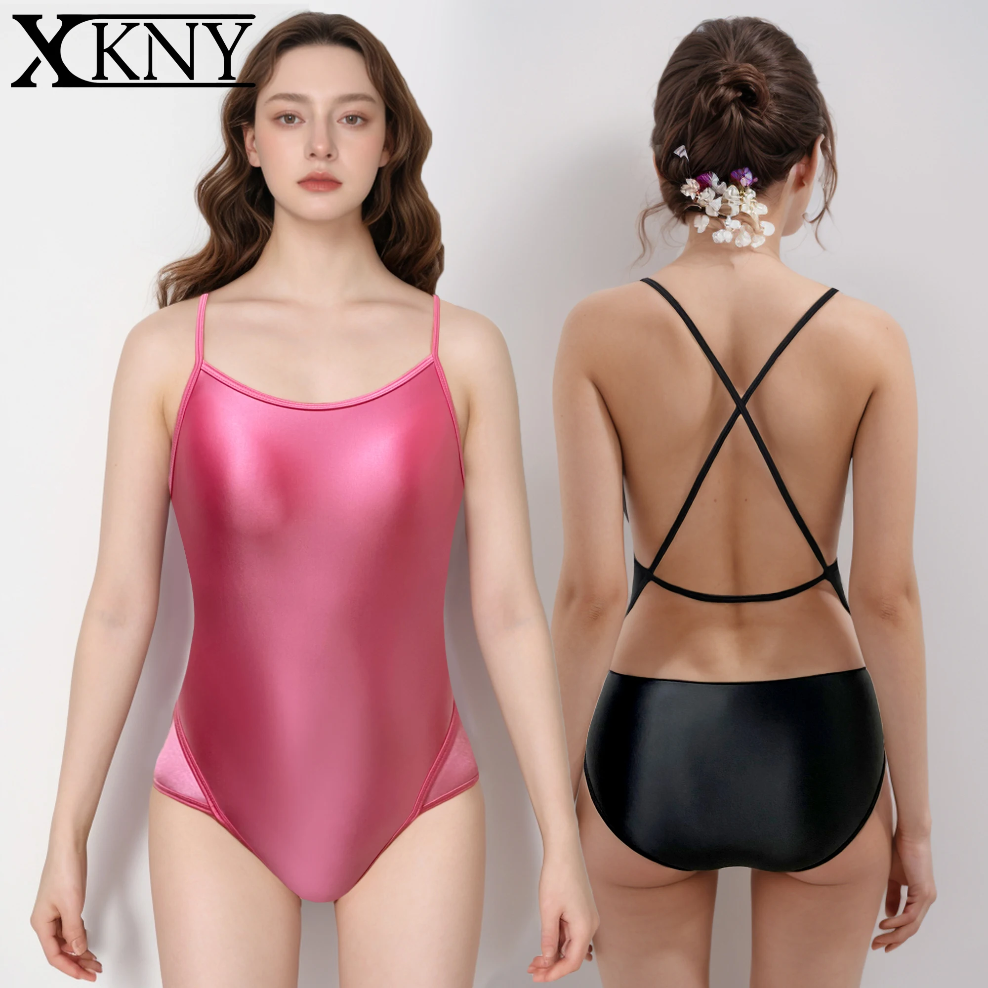 XCKNY satin glossy swimsuit silk high elastic jumpsuit vest strap swimsuit hot spring competition swimsuit