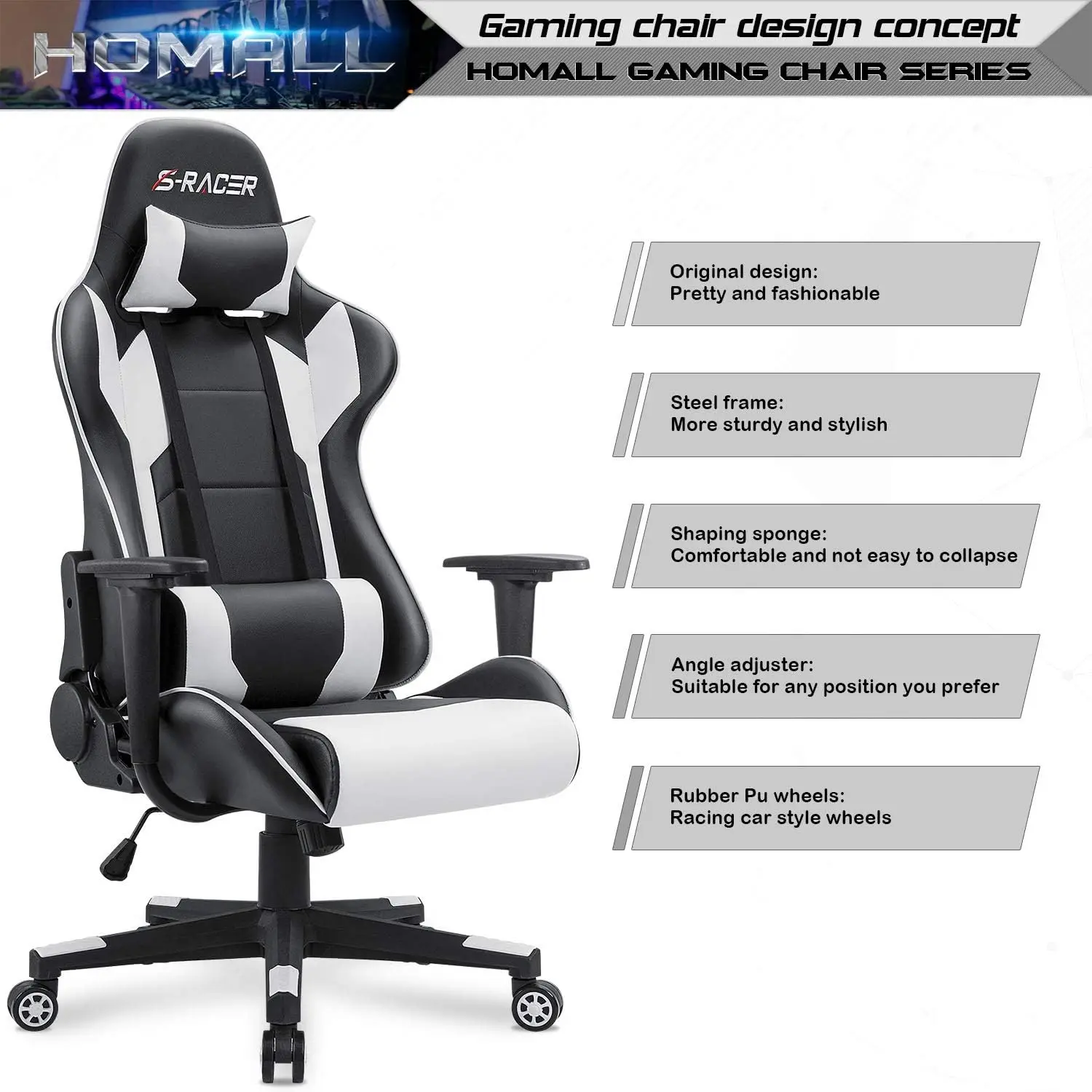 Gaming Chair, Office High Back Computer Leather Desk Racing Executive Ergonomic Adjustable Swivel Task w