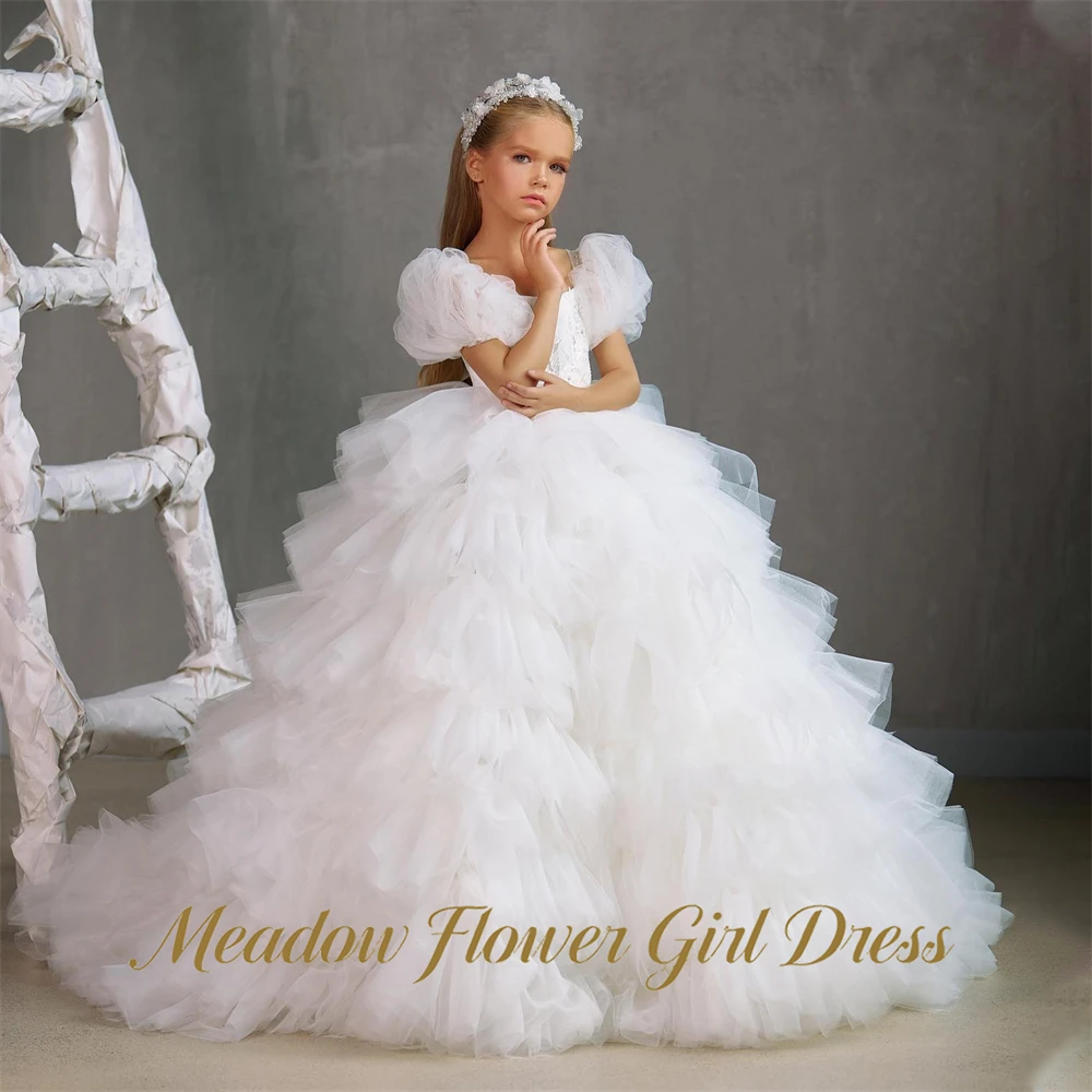 Meadow VPure White Princess Girls Dress Ruffled Long Train Kids Birthday Party Dress A Line Tutu Fluffy Prom Gown Customized