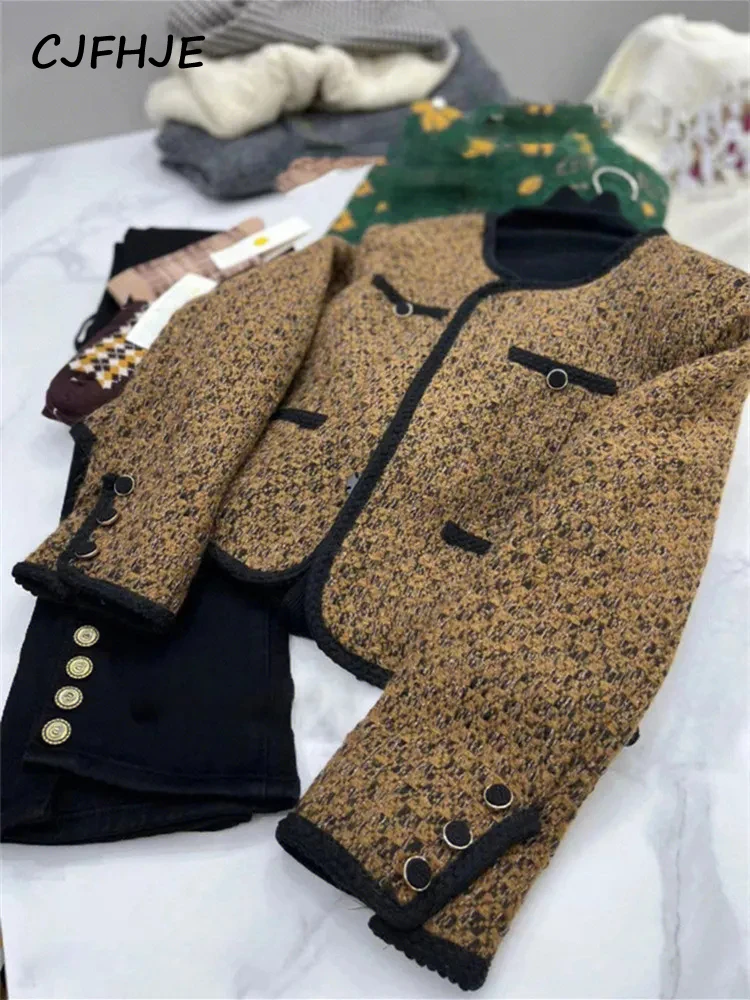 CJFHJE Women\'s Chic Green Brown Tweed Jacket Coat Spring Autumn New Korean Fashion Long Sleeve Popular Elegant Women Coat