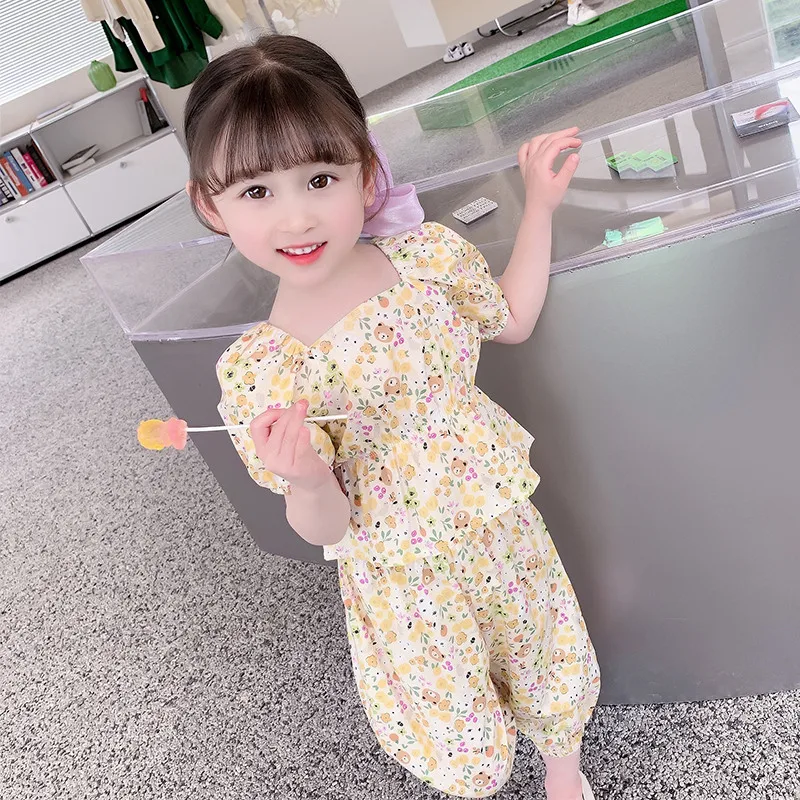 Baby Girls Clothing Sets 2023 Summer Children Short Sleeve Square Collar Tops Pants 2 Pieces Suit Kids Floral Princess Clothes