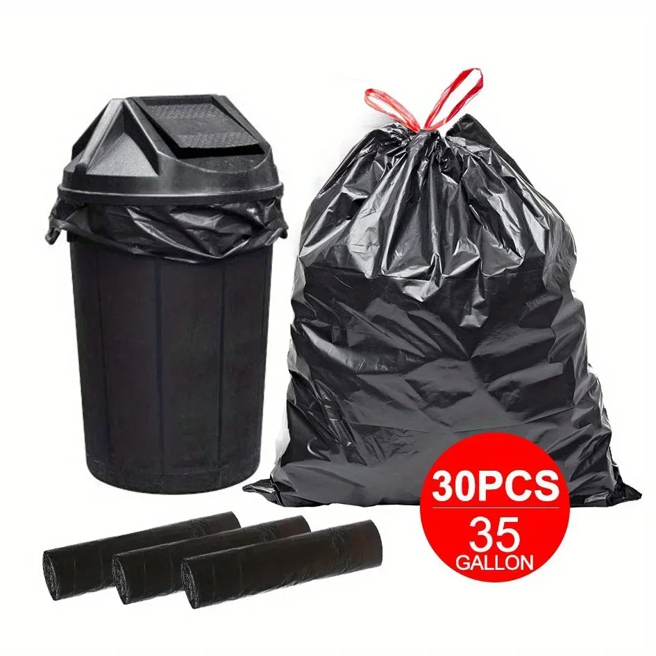 30pcs Heavy Duty Black Trash Bags,35 Gal Large Garbage Bags with Drawstrings for Large-capacity anti-scald kitchen garbage bag