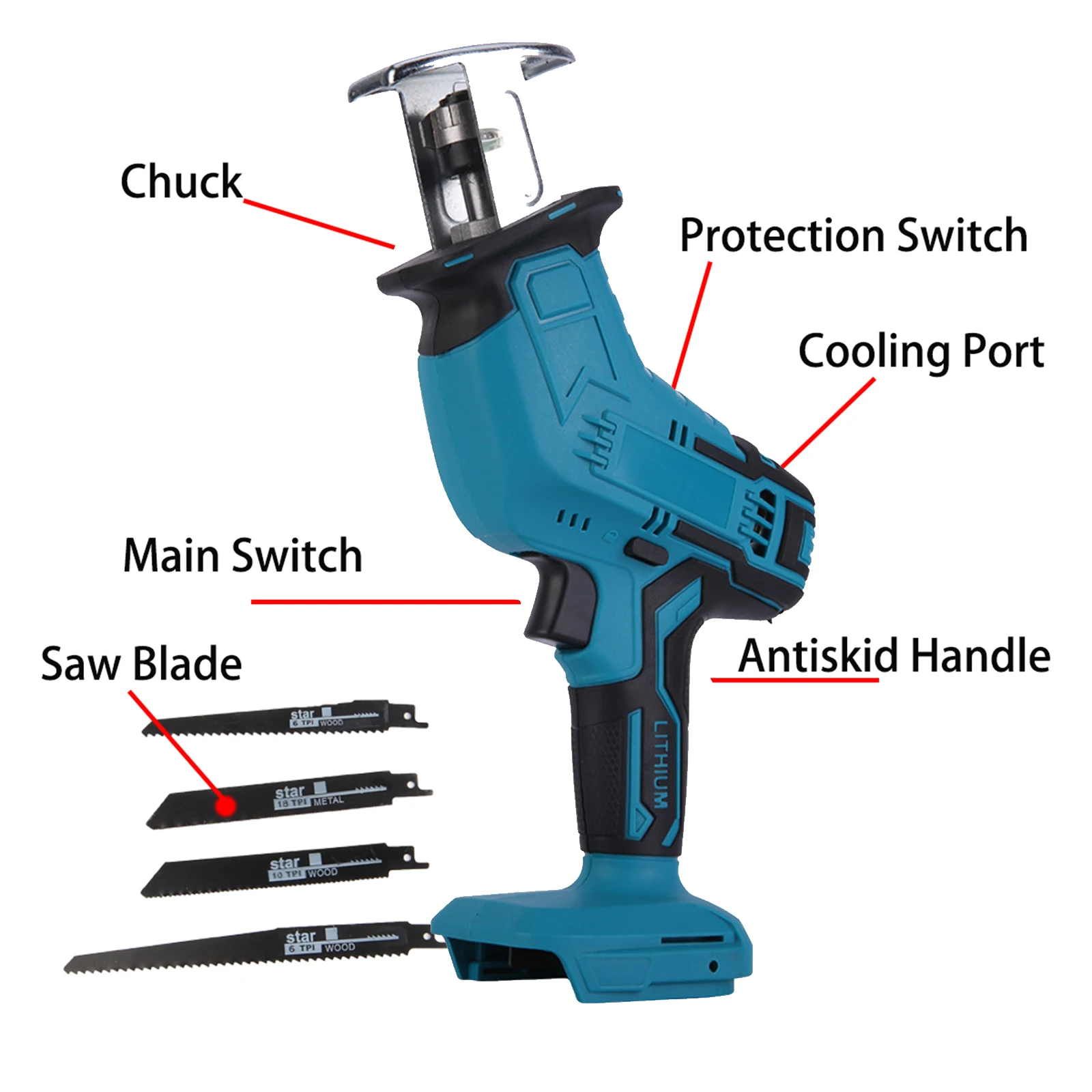 Sega alternativa a batteria 18V, compatibile con 18V Makita B-series sega alternativa motosega legno metallo PVC taglio tubi