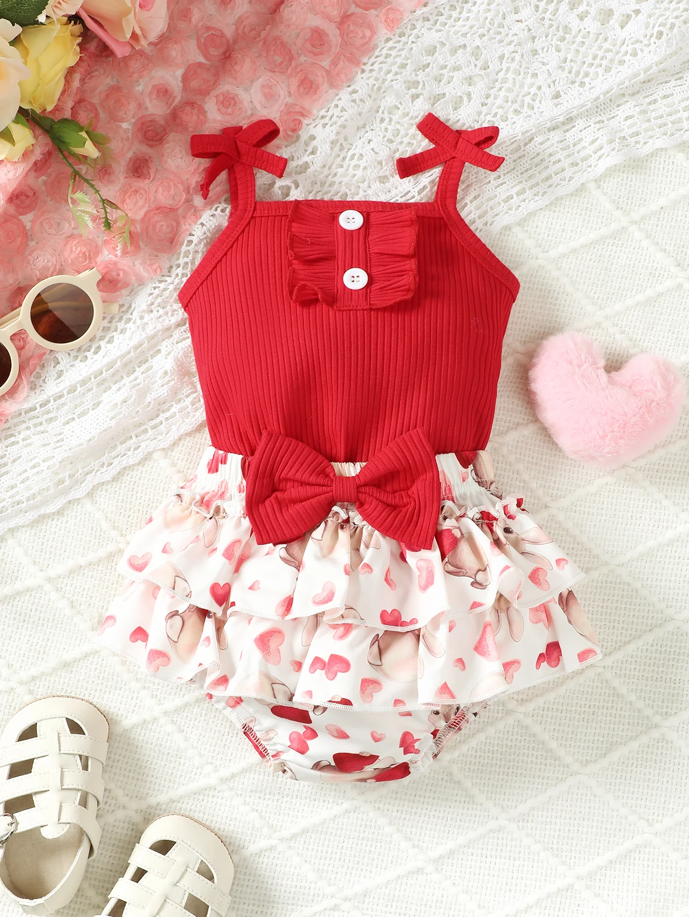 

Baby Girl Clothes Set 2Pcs Summer Outfit Sleeveless Bow Romper and Ruffle Shorts Headband Suit Newborn Clothes for 0-24Months