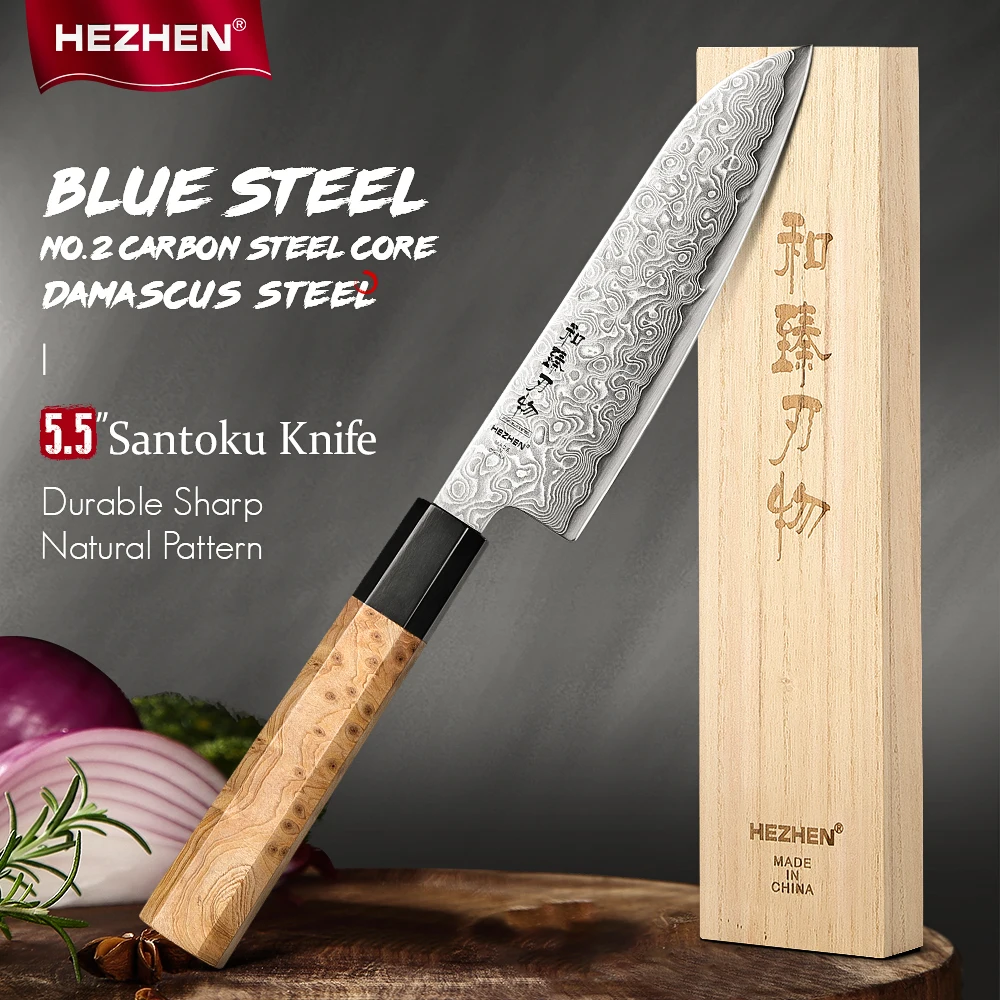 HEZHEN 5.5 Inches santoku Knife Blue Steel No.2 Carbon Steel Core Damascus Steel Cook Knife Sharp Kitchen Tools Slicing Knife