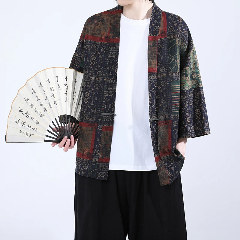 2025 Summer Men's V-Collar Shirt Men Breathable Casual Chinese Style Shirt Traditional Knot Button Harajuku Cardigans Male Hanfu