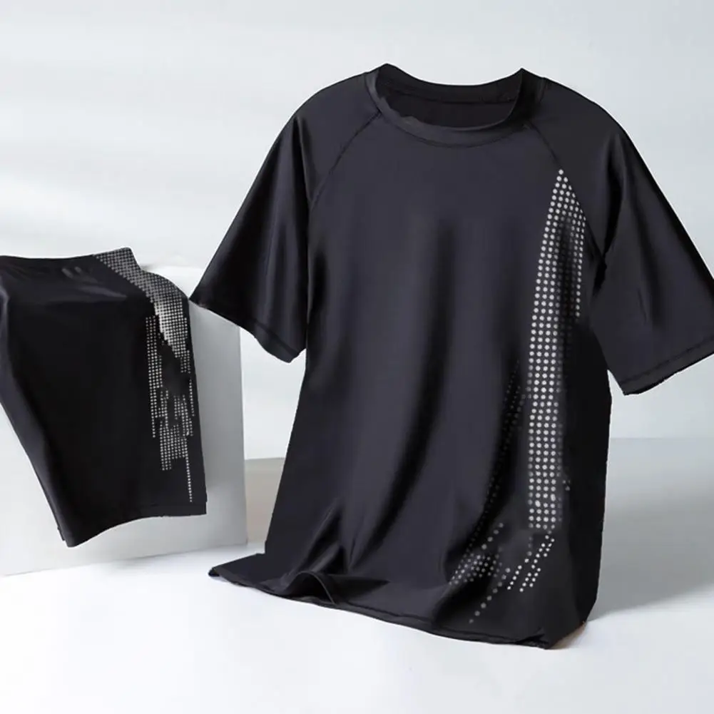 Men Swimming Shorts Water Top O Neck Short Sleeve Slim Fit Elastic Breathable Striped Surfing Wading Sports Clothes Swimwear