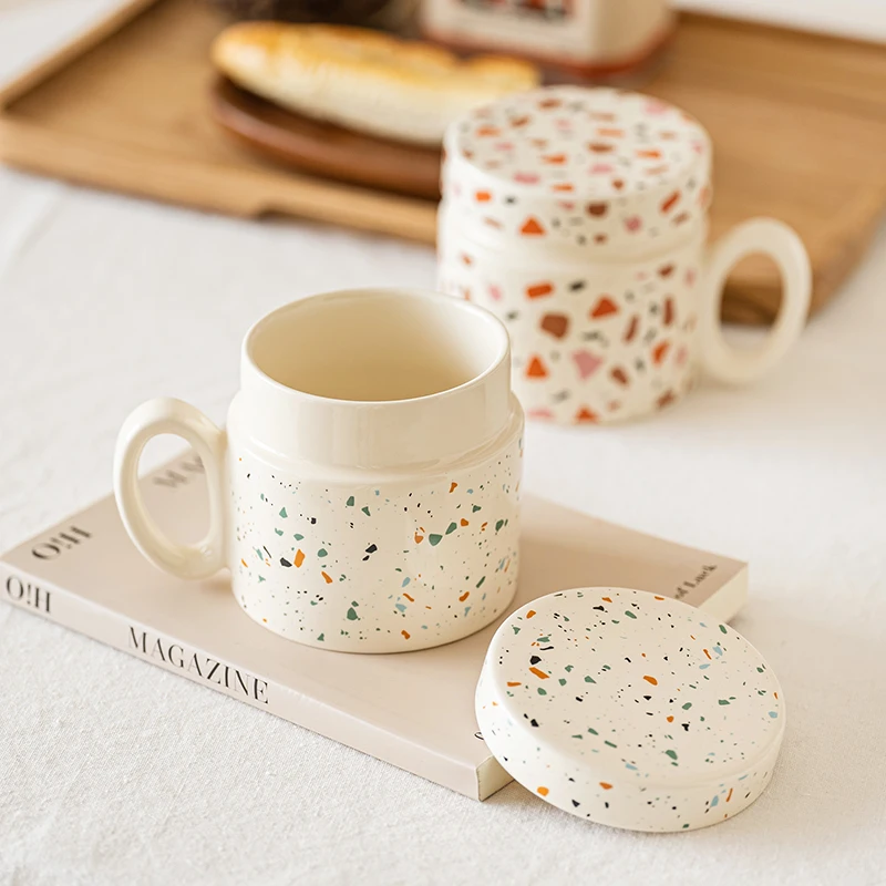 Terrazzo Ceramic Mug with Lid Milk Coffee Mug Breakfast Couple Cup Living Room Decoration Home Decoration Ceramic Lid Cup