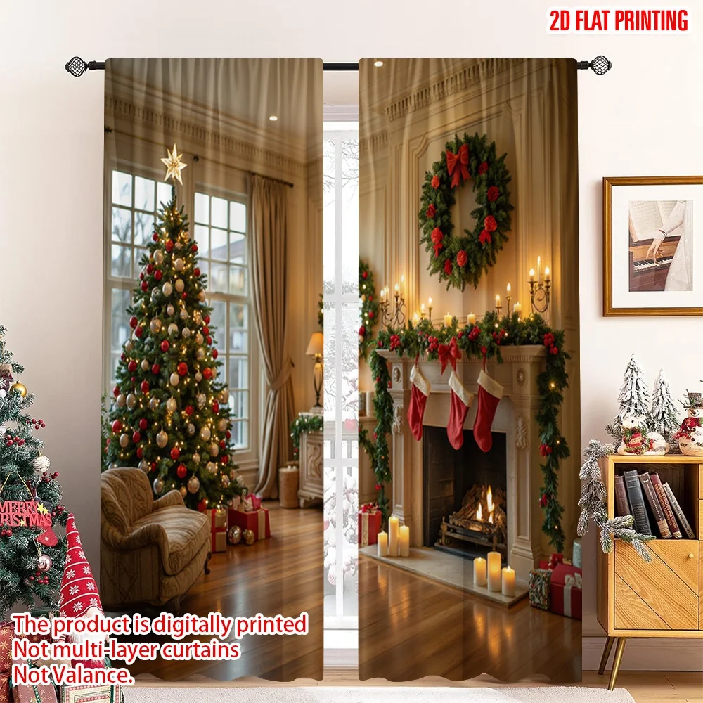 

2pcs 2D flat printing Merry Christmas Scene Curtains Christmas Fireplace Wreath Stockings Fabric Without Electricity 0 Use for
