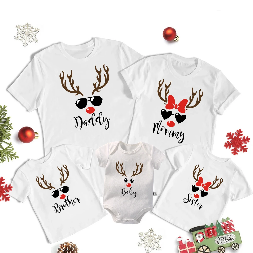 Funny Family Christmas Matching Outfits Reindeer Print Daddy Mommy Sister Brother Baby Bodysuit Xmas Family Look T-shirts Tops